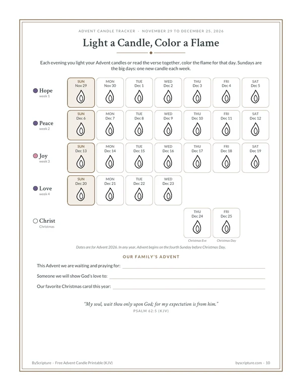 Advent candle tracker printable, November 29 to December 25, 2026: color a flame each evening