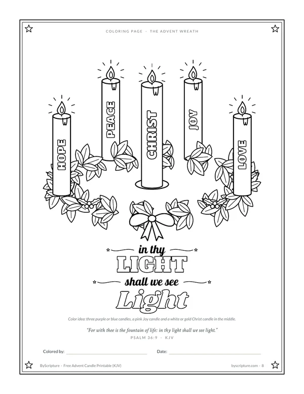 Advent wreath coloring page with five candles, lettered &ldquo;in thy light shall we see light&rdquo; (Psalm 36:9 KJV)