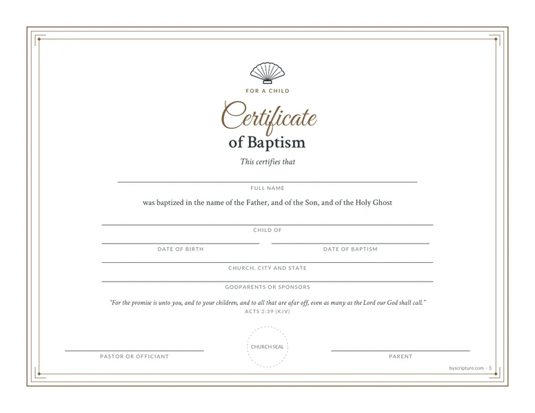 Child&rsquo;s Certificate of Baptism: a free printable certificate with lines for the parents, date of birth and godparents or sponsors, and Acts 2:39