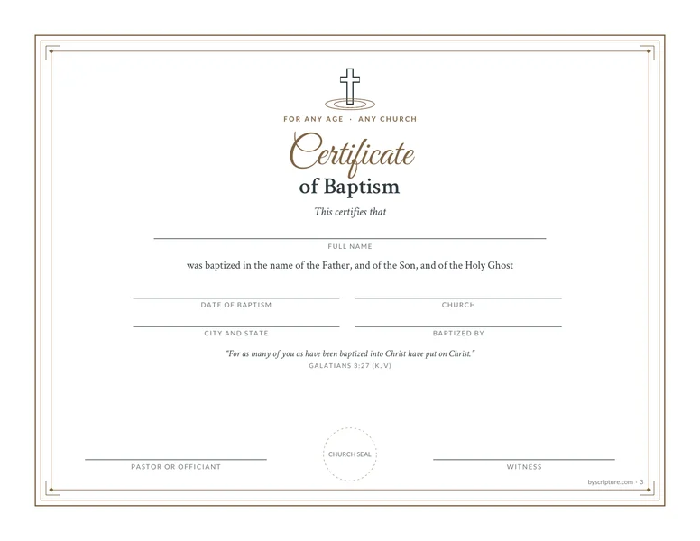 Certificate of Baptism: a free printable baptism certificate template for any age, with Galatians 3:27, fields for the date, church and officiant, two signature lines and a seal circle