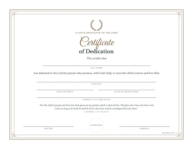 Certificate of Dedication: a free printable baby dedication certificate with 1 Samuel 1:27-28