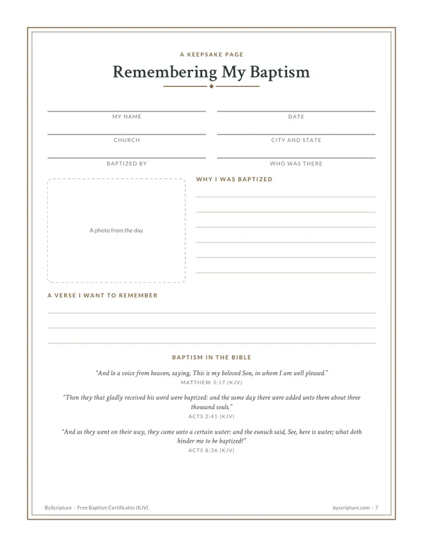 Remembering My Baptism: a free keepsake page with lines for the date, church and who was there, a photo box and Matthew 3:17