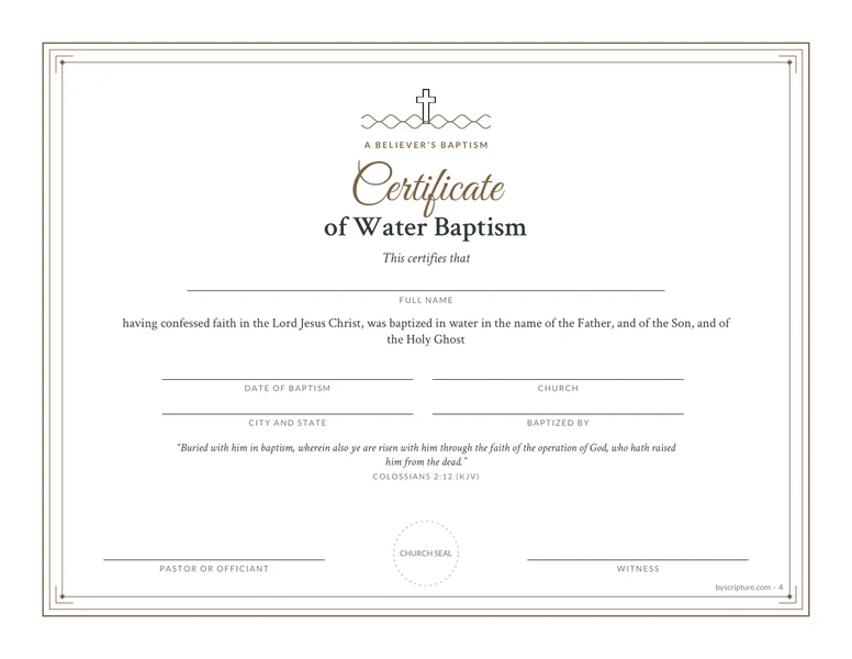 Certificate of Water Baptism: a free printable water baptism certificate for a believer&rsquo;s baptism, with Colossians 2:12