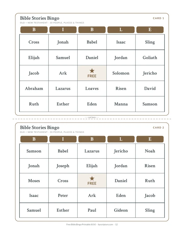Bible bingo cards printable: two Bible stories bingo cards with Noah, Moses, David and Jonah