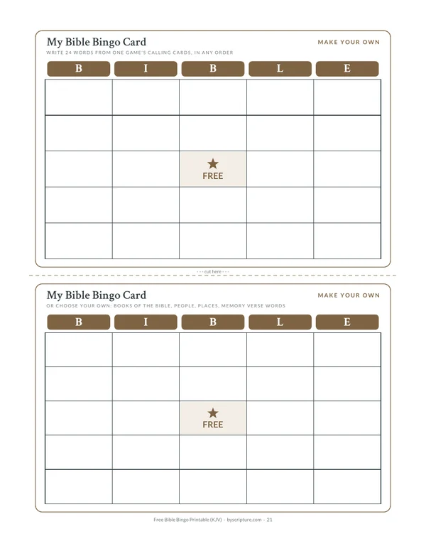 Blank Bible bingo cards printable: two make-your-own bingo cards with a FREE centre square