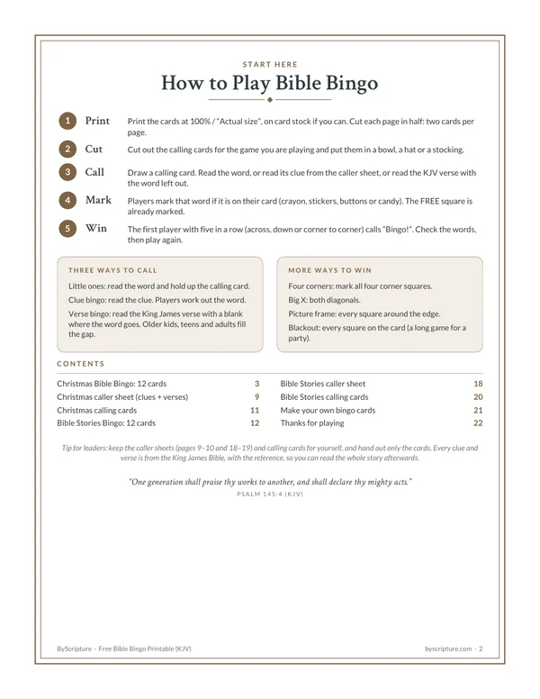 How to play Bible bingo: printable instructions page with 3 ways to call and 4 more ways to win