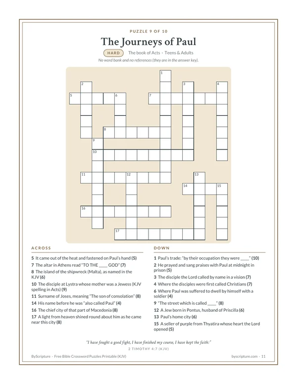 Hard Bible crossword for youth and adults: The Journeys of Paul puzzle from Acts, no word bank (KJV)