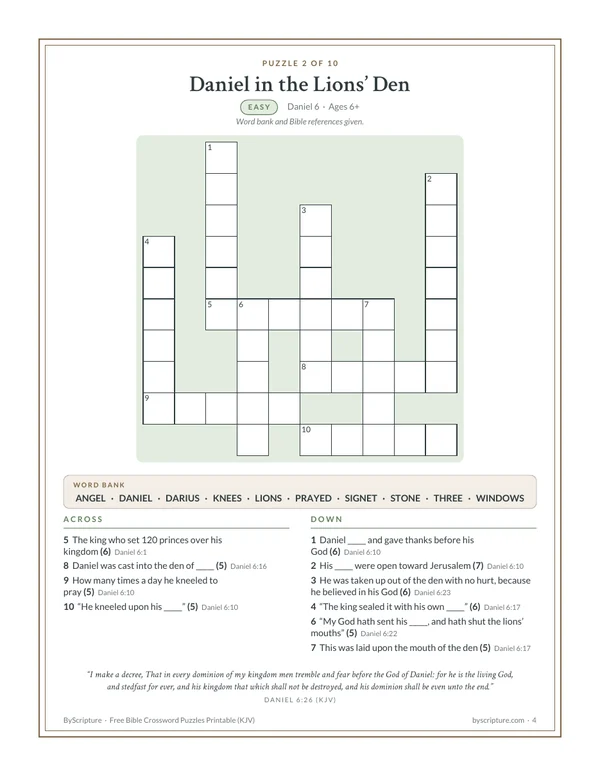 Easy Bible crossword puzzle for kids: Daniel in the Lions&rsquo; Den with large squares, a word bank and Bible references (KJV)