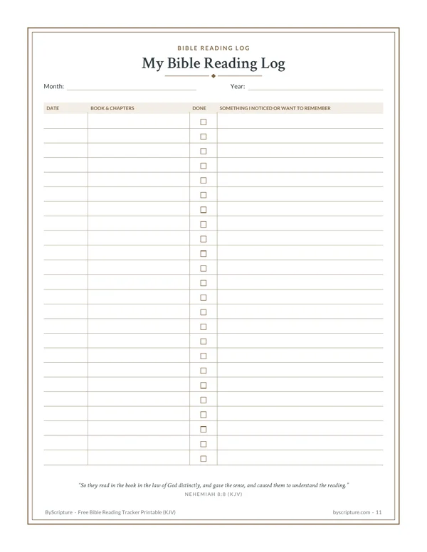 Bible reading log printable: date, passage, done box and notes