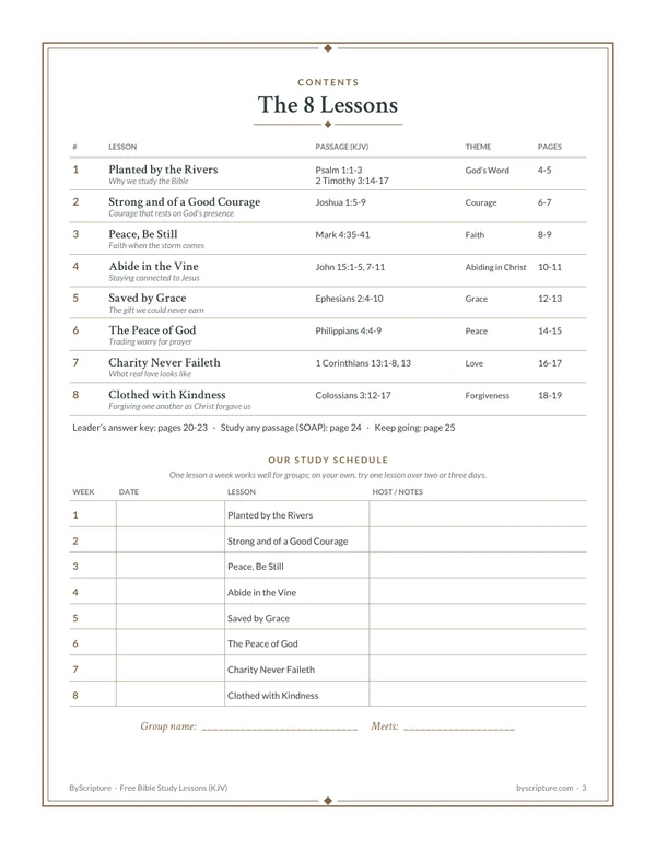 Contents page of the free printable Bible study lessons with a write-in 8-week schedule