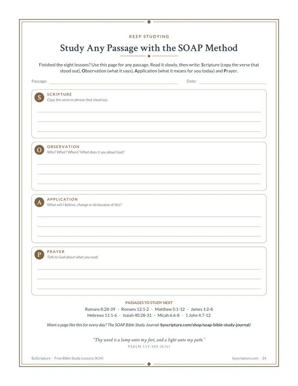 SOAP Bible study page from the free printable lessons: Scripture, Observation, Application and Prayer for any passage