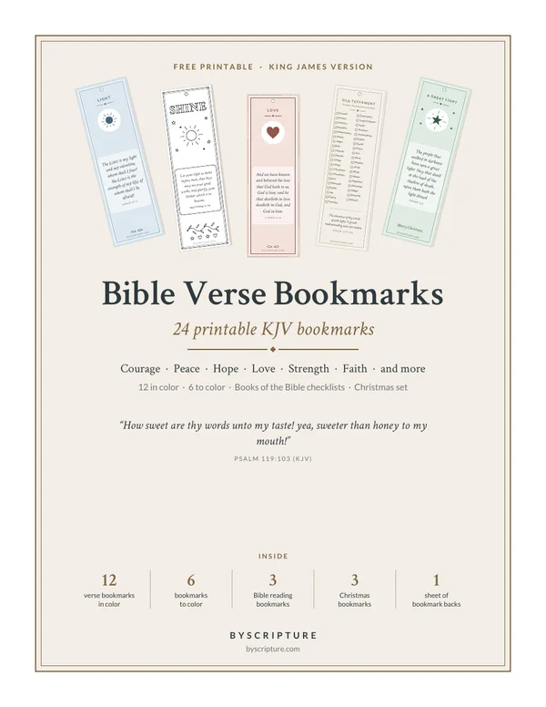 Free printable Bible verse bookmarks in KJV: color, coloring, Books of the Bible checklist and Christmas designs