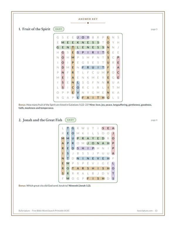 Bible word search printable with answers: answer key page with every word highlighted