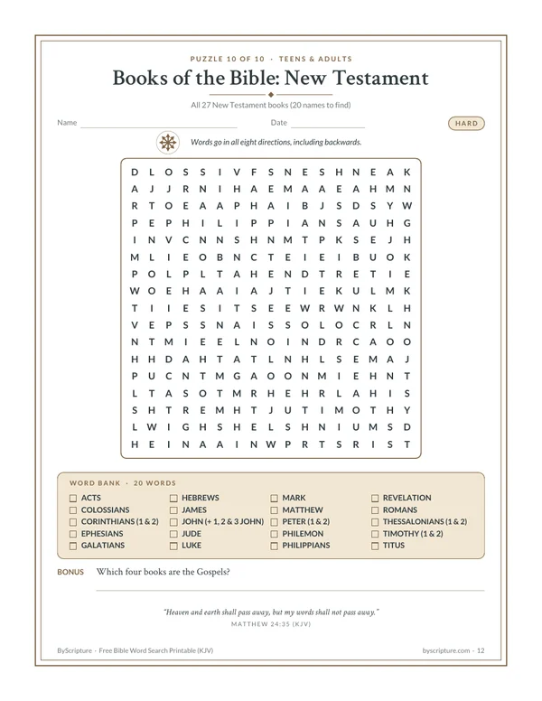 Hard books of the Bible word search printable: New Testament puzzle with words in all eight directions