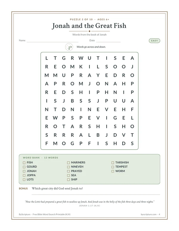 Easy Bible word search for kids: Jonah and the Great Fish puzzle with large letters (KJV)