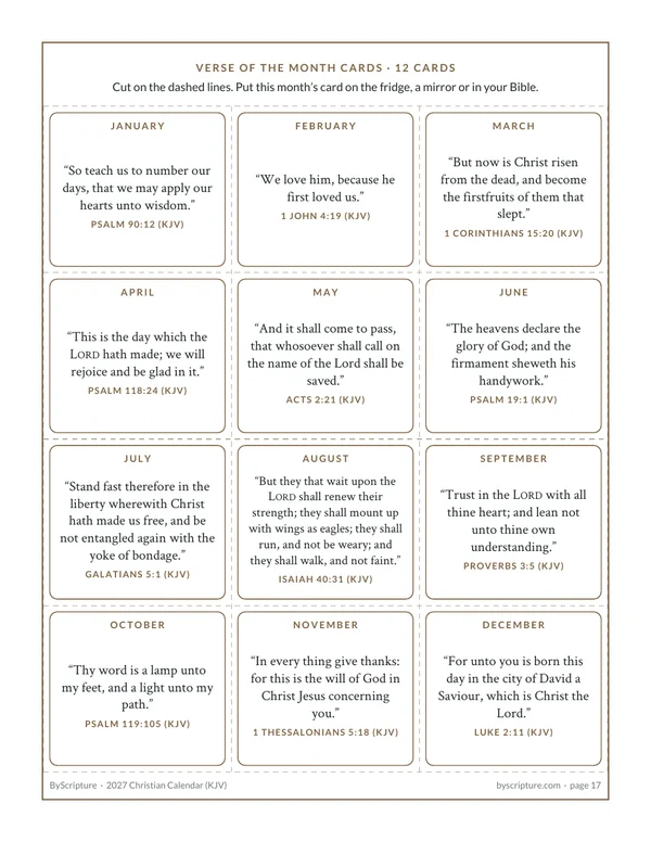Twelve cut-out verse-of-the-month cards from the free Christian Calendar 2027 (KJV)