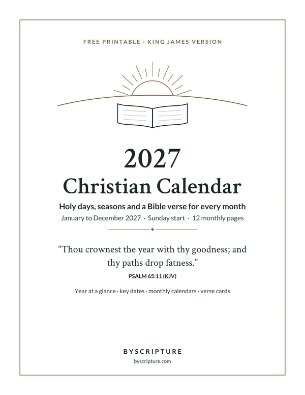 Free Christian Calendar 2027 printable PDF (KJV), cover with a sunrise over a hill, an open Bible and Psalm 65:11