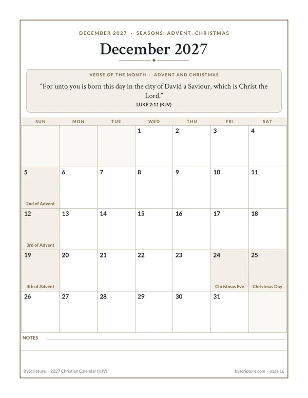 December 2027: a month page from the free Christian calendar, with the Advent Sundays, Christmas Eve and Christmas Day marked and Luke 2:11 as the verse of the month