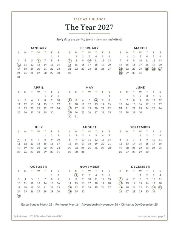 2027 at a glance: page 3 of the free Christian calendar, twelve small months with holy days circled and family days underlined