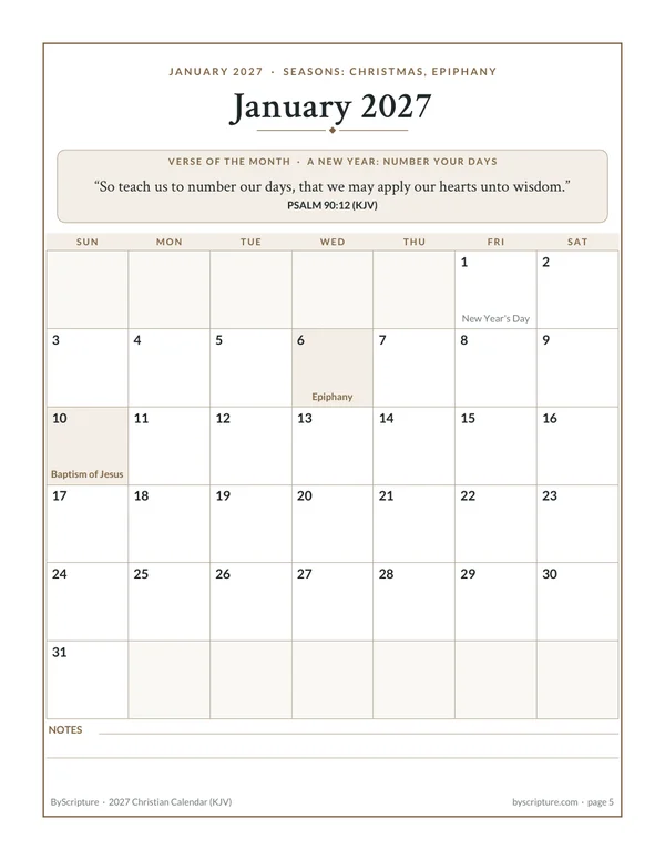 January 2027: a month page from the free Christian calendar, with Epiphany and the Baptism of Jesus in their day boxes and Psalm 90:12 as the verse of the month