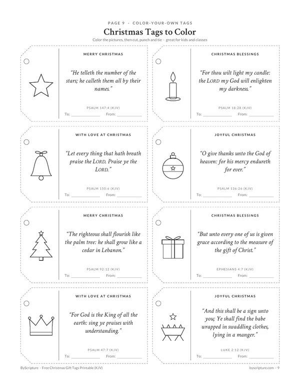 Christmas gift tags to color: black and white tags with Bible verses for kids