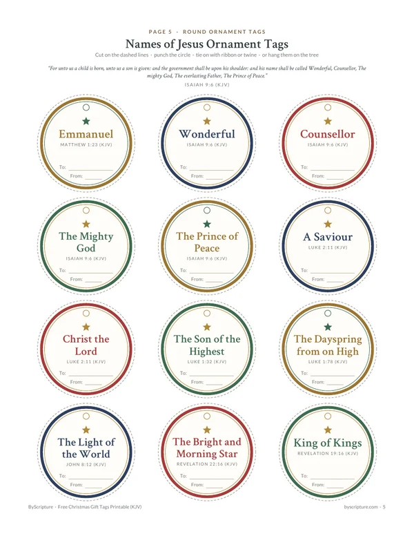Round Christmas ornament tags with names of Jesus from the KJV