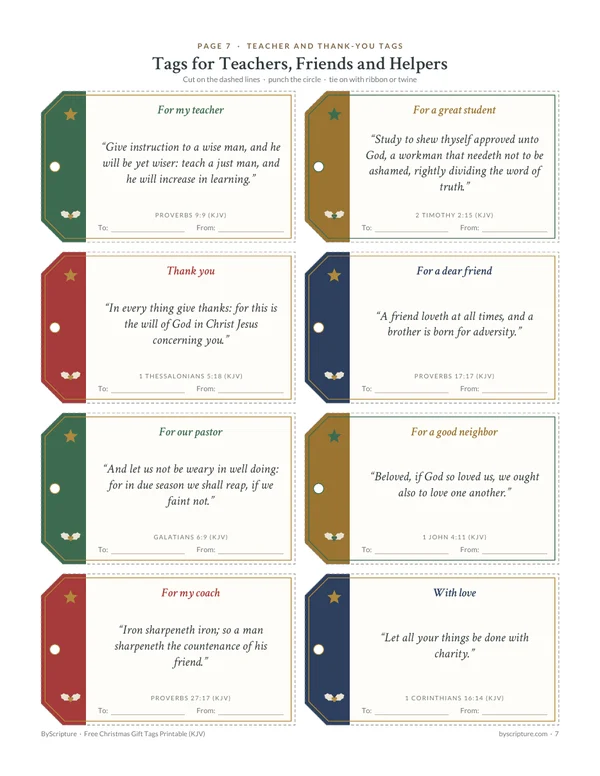 Teacher Christmas gift tags and thank-you tags with KJV Bible verses