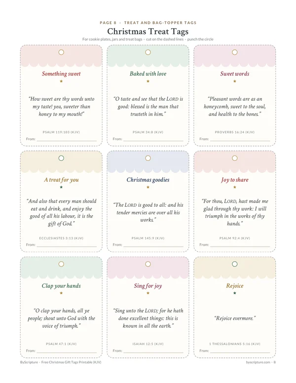 Christmas treat tags and cookie bag toppers with Bible verses