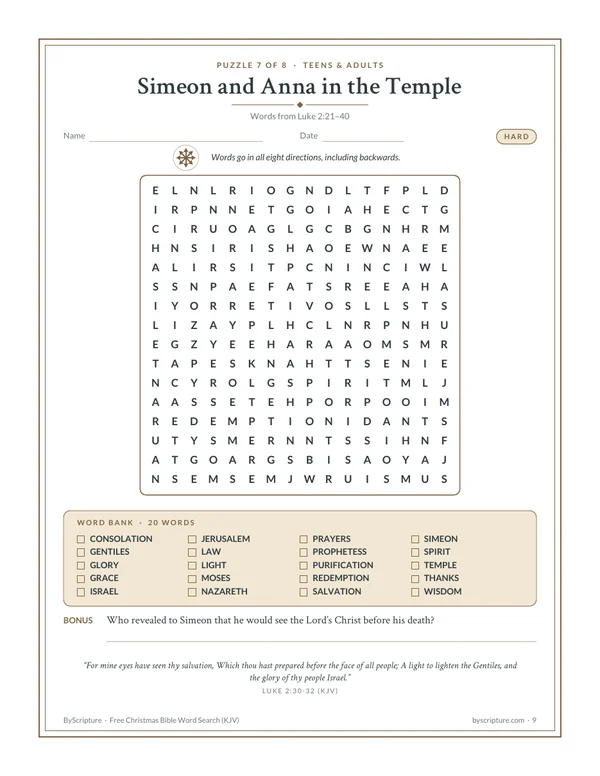 Hard Christmas Bible word search for adults: Simeon and Anna in the Temple, words in all eight directions (Luke 2:21–40)