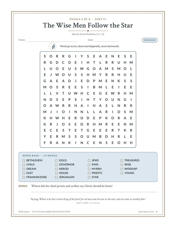 Medium Christmas word finder puzzle: The Wise Men Follow the Star, words from Matthew 2:1–12 (KJV)