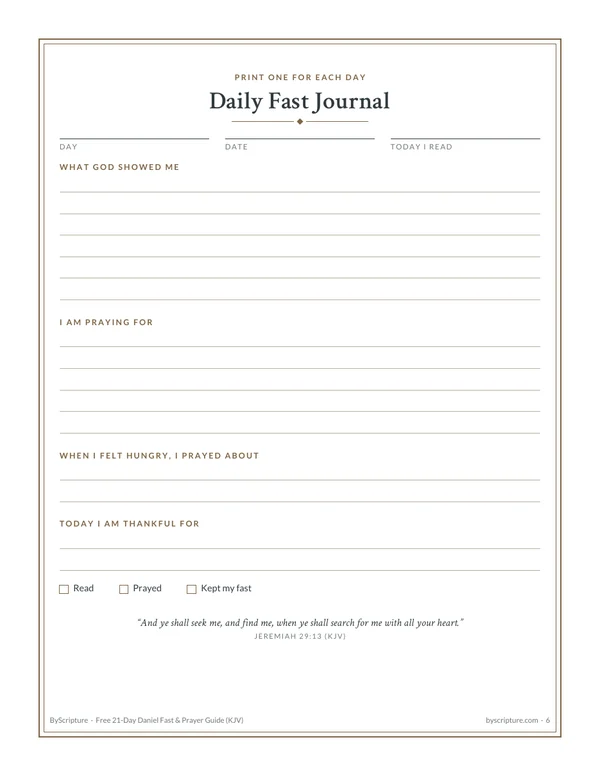 Daily fast journal: page 6 of the free Daniel fast guide, with lines for what God showed me, what I am praying for and what I am thankful for