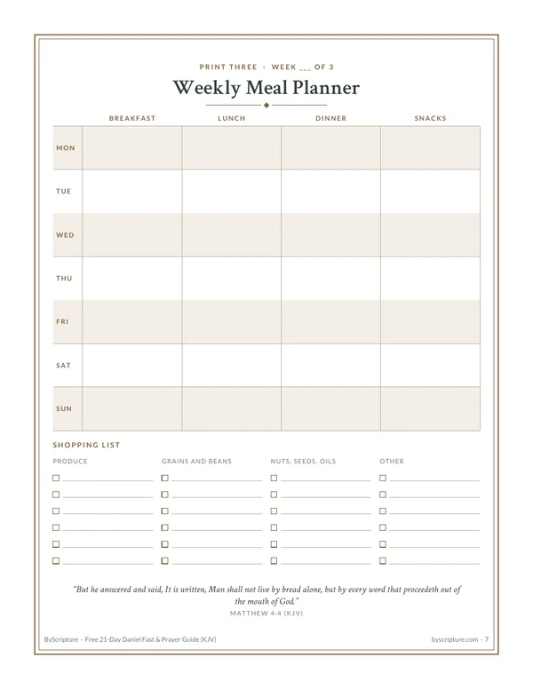 Weekly meal planner: page 7 of the free Daniel fast guide, with breakfast, lunch, dinner and snacks for 7 days and a shopping list