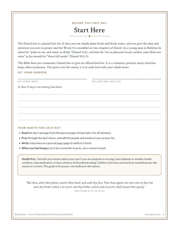 Start here: page 2 of the free 21-day Daniel fast guide, with the purpose, daily habits and health-first note