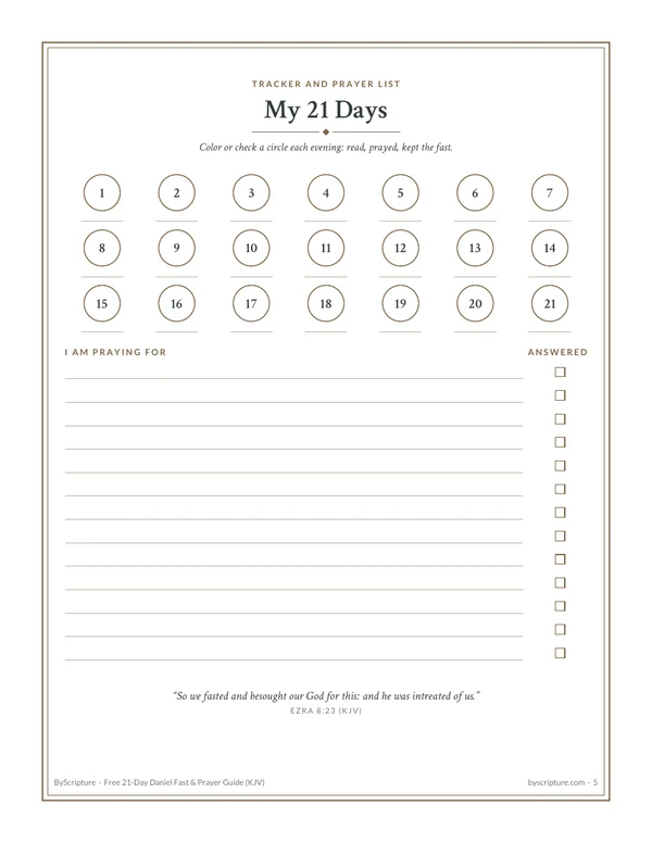 My 21 days: page 5 of the free Daniel fast guide, with a day tracker and a prayer list
