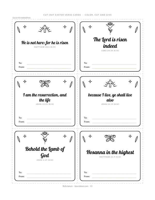 Six cut-out Easter verse cards to color and give, with To and From lines (KJV)