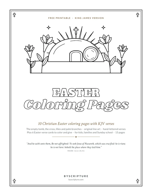 Free Christian Easter coloring pages PDF (KJV), cover with the empty tomb under a rising sun, a cross on the hill and Easter lilies