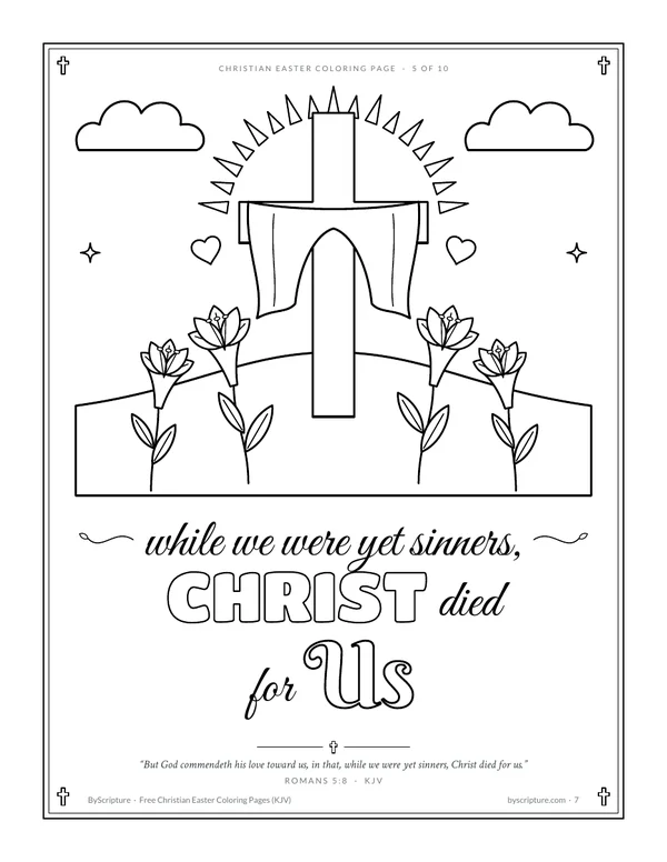 While we were yet sinners, Christ died for us: Easter cross coloring page with the linen cloth, Romans 5:8 (KJV)