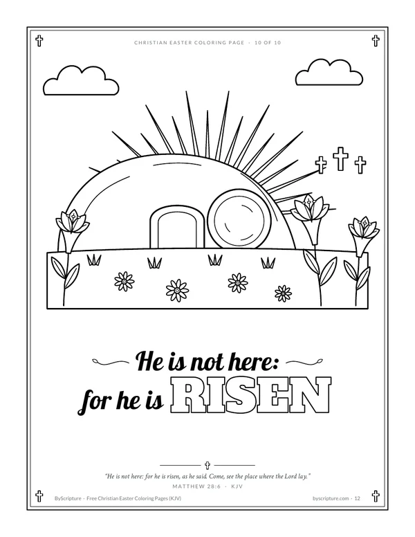 He is risen coloring page: the empty tomb with the stone rolled away and Matthew 28:6 (KJV)