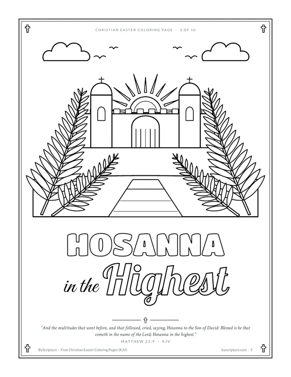 Hosanna in the highest: Palm Sunday coloring page with palm branches before the gate of Jerusalem, Matthew 21:9 (KJV)