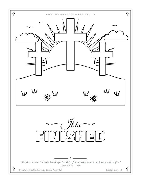 It is finished: Good Friday coloring page with three crosses on Calvary, John 19:30 (KJV)