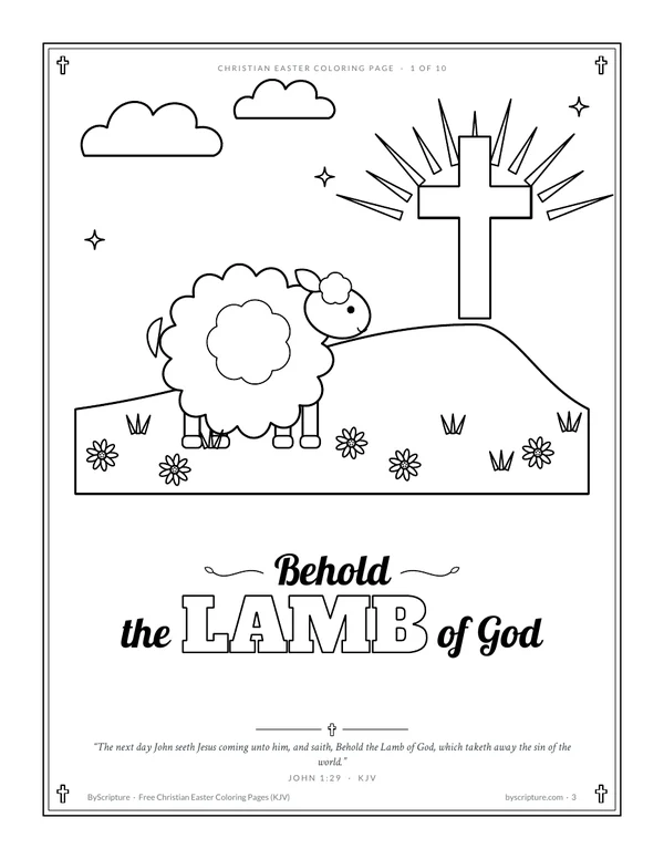 Behold the Lamb of God: Christian Easter coloring page with a lamb and John 1:29 (KJV) in outlined letters