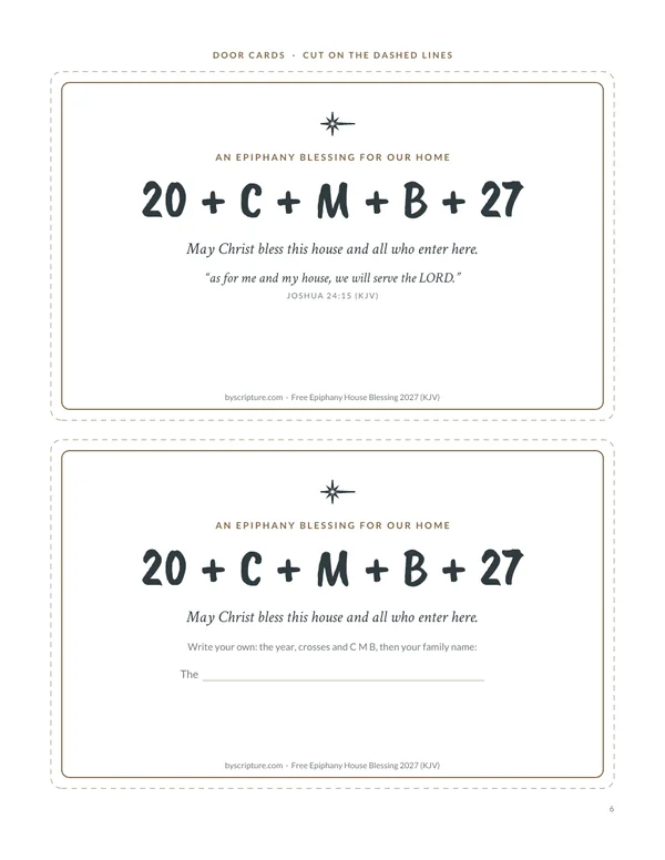 Two door cards to cut out from the free Epiphany house blessing, for renters or an inside door