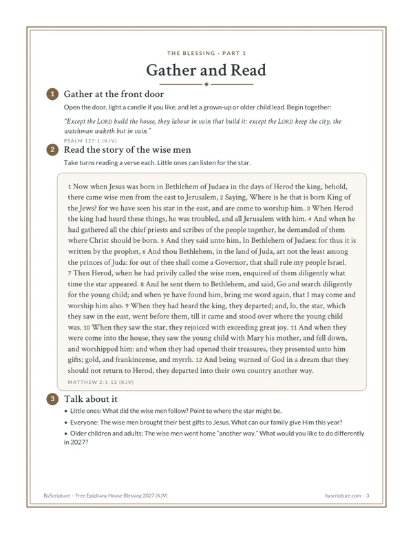 Gather and read: page 3 of the free Epiphany house blessing, with Matthew 2:1-12 (KJV) and three talk-about-it questions