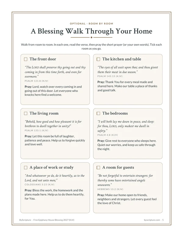 Room-by-room blessing walk: page 5 of the free Epiphany house blessing, six rooms with a KJV verse, a prayer and a tick box
