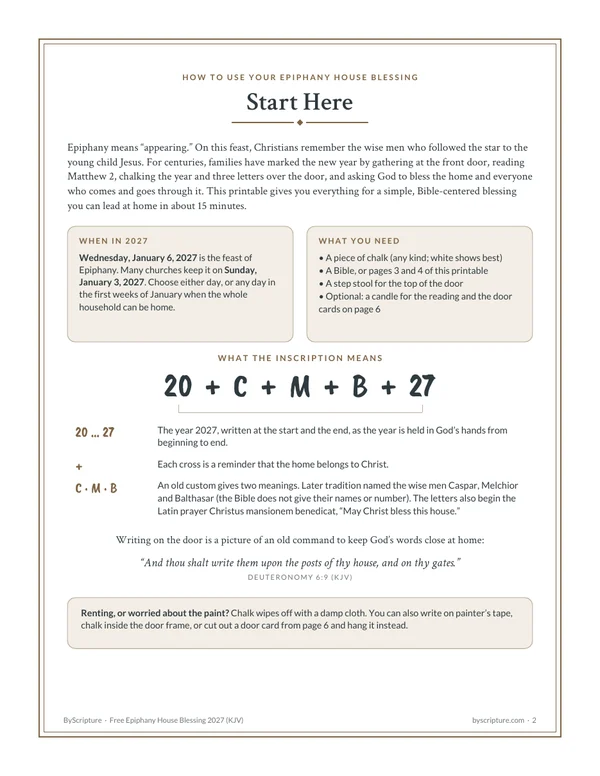 Start here: page 2 of the free Epiphany house blessing, with the 2027 dates, what you need and the meaning of 20 + C + M + B + 27