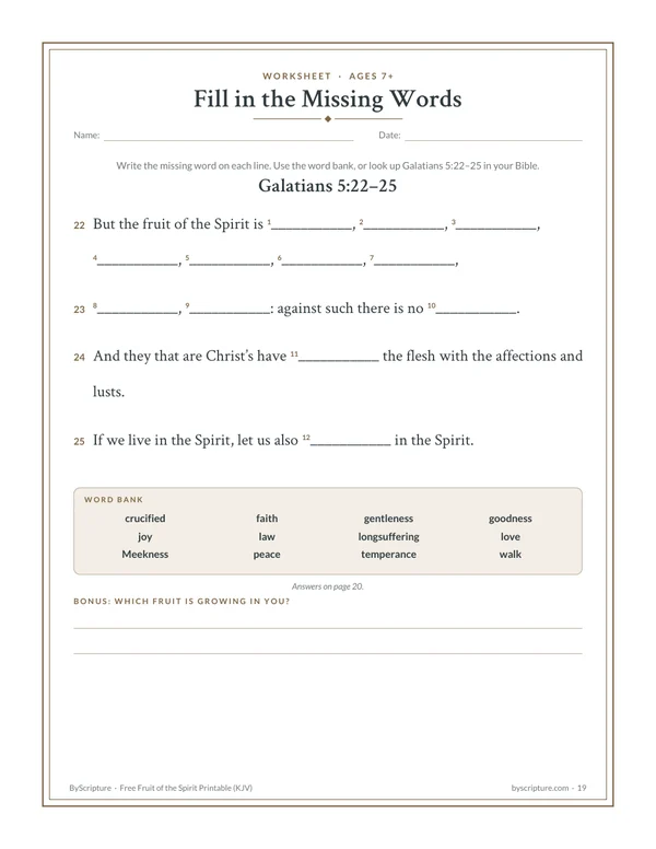 Fruit of the Spirit fill-in-the-blank worksheet on Galatians 5:22-25 with a word bank (KJV)