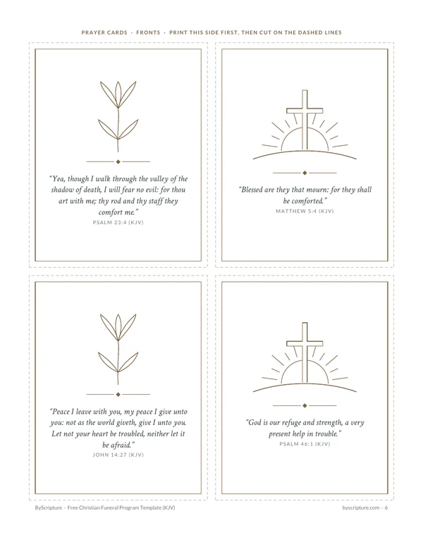 Funeral prayer cards: four printable memorial cards with a lily or cross and Psalm 23:4, Matthew 5:4, John 14:27 and Psalm 46:1