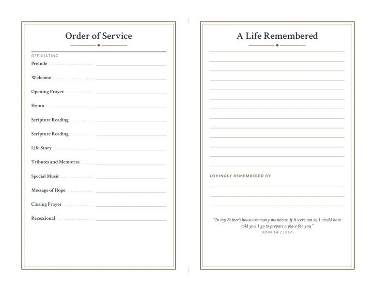 Funeral program inside: a fill-in order of service and A Life Remembered, with John 14:2