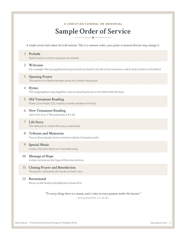 Sample order of service for a Christian funeral: 12 steps from the prelude to the recessional, with Ecclesiastes 3:1
