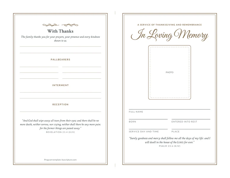 Funeral program outside: the front panel In Loving Memory with a photo frame, name and dates, and the back panel With Thanks with pallbearers, interment and reception